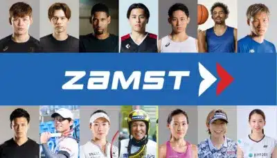 スポーツ用品ブランドZAMSTの広告ビジュアルで、バスケットボール、テニス、ゴルフ、スキーなど様々な競技のプロアスリート14名がZAMST製品を着用・推奨している様子が描かれています。