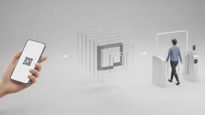 スマートフォンに表示されたQRコードを使って入場ゲートを通過する様子を描いたイラスト