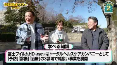 屋外ロケで投資知識を披露する出演者
