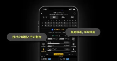Sportsnavi 野球速報アプリの画面。スコアボードと投球データ、打撃データが表示されている