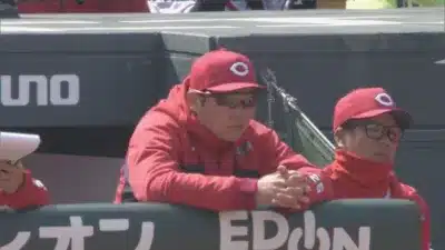 野球場のベンチで試合を見守るコーチ陣