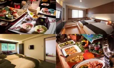 ホテルの食事と客室のコラージュ