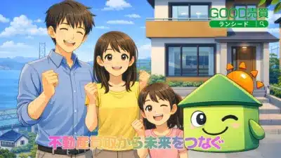 笑顔の家族と家、橋、海が描かれたアニメ風イラスト