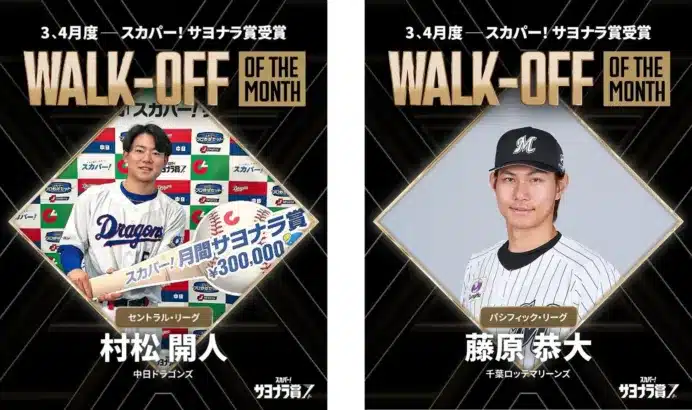 推し活応援！3、4月度「スカパー! サヨナラ賞」に中日・村松開人選手とロッテ・藤原恭大選手が決定！劇的サヨナラでファンを魅了