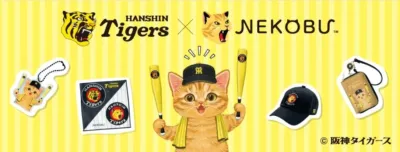 阪神タイガースとネコブのコラボレーションを告知する画像です。野球帽をかぶりバットを持つ猫のキャラクターを中心に、様々なコラボグッズが展示されています。