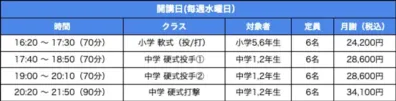 野球教室のスケジュールと料金表