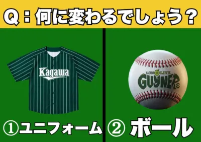 「Q: 何に変わるでしょう?」という質問が書かれた画像で、緑色の背景に野球のユニフォームと野球ボールが並べられています。ユニフォームには「Kagawa」、ボールには「KAGAWA LIVE GUYNER'S」と書かれており、それぞれ選択肢の「①ユニフォーム」「②ボール」が示されています。