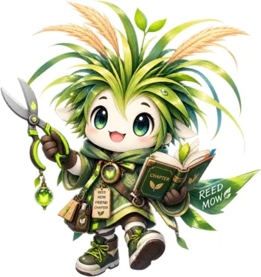 アニメ風キャラクターと植物、本
